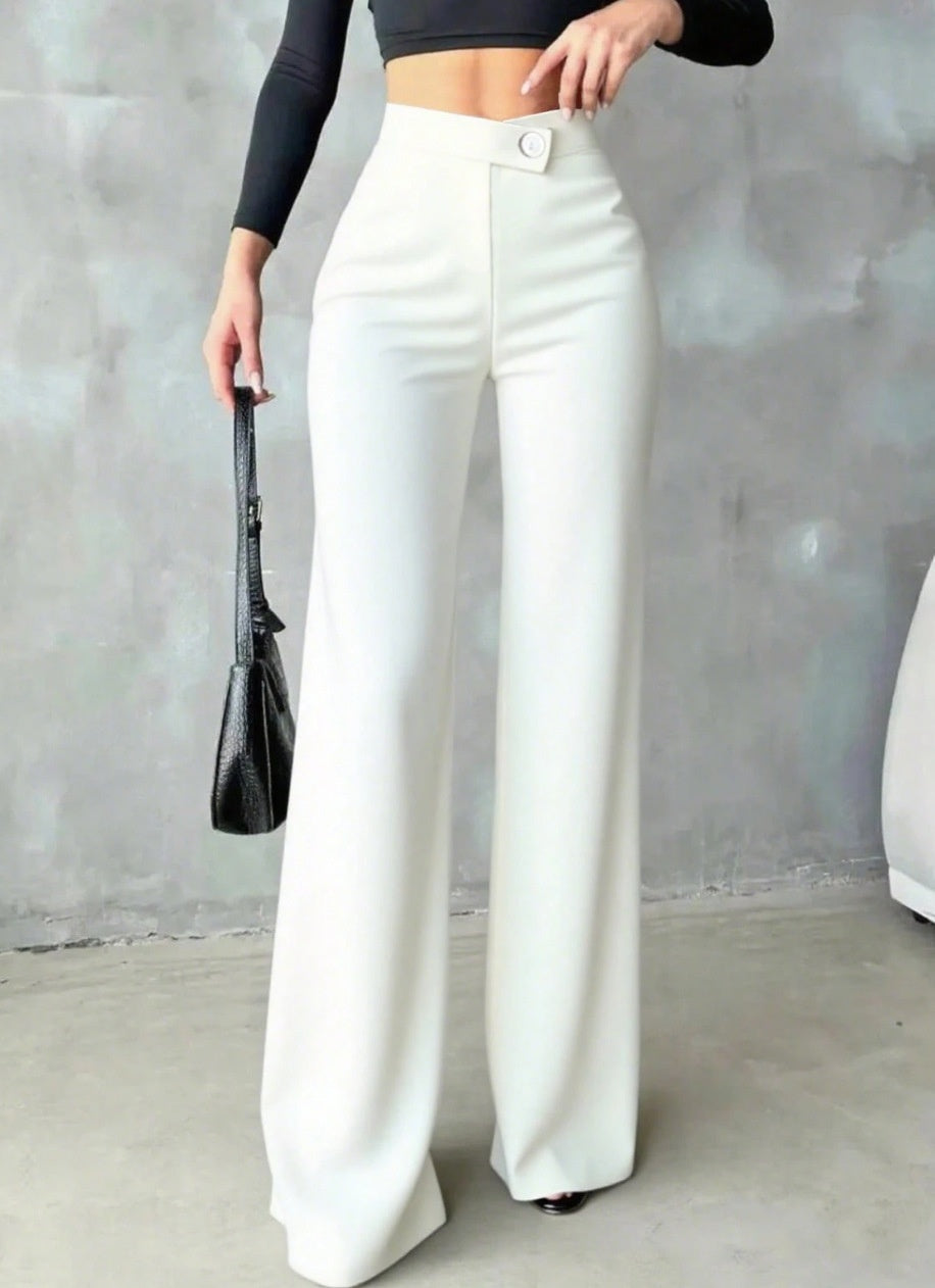 Pantalon fluide taille haute blanc femme – look au quotidien – Velya Genève

