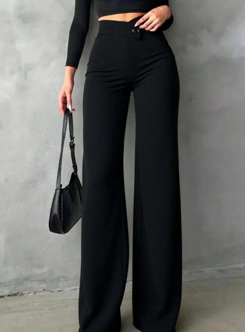 Pantalon fluide taille haute – détail taille et tissu – Velya Genève
