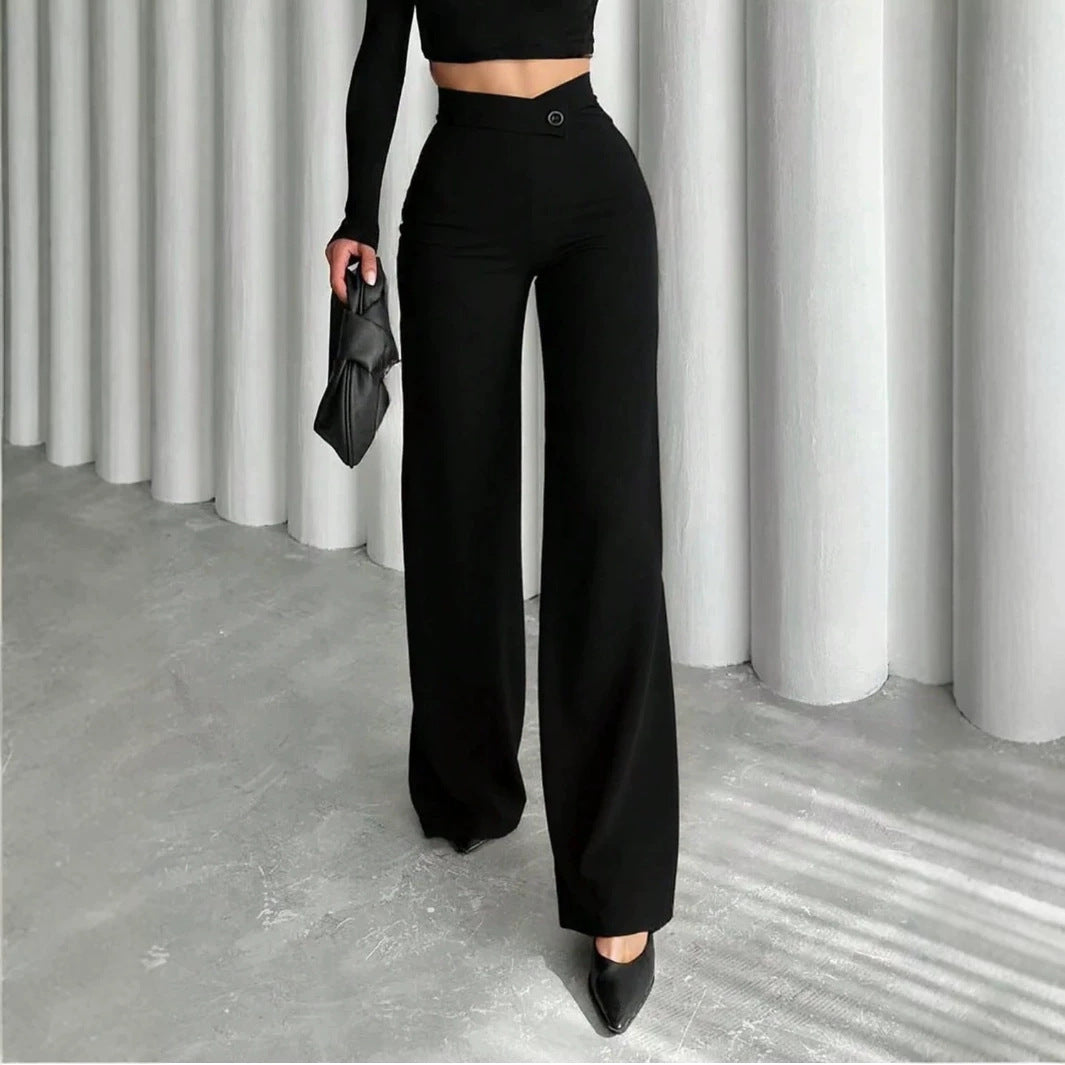Pantalon fluide taille haute noir femme – vue de face – Velya Genève
