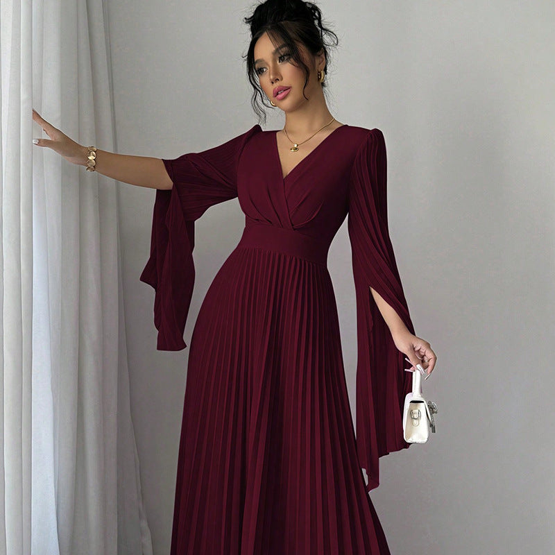 Robe longue plissée manche longue bordeaux femme – tenue élégante – Velya Genève