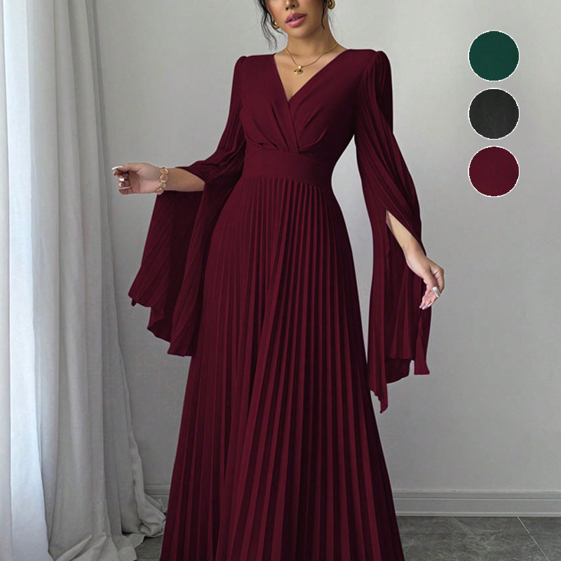 Robe longue plissée manche longue bordeaux femme – vue rapprochée – Velya Genève