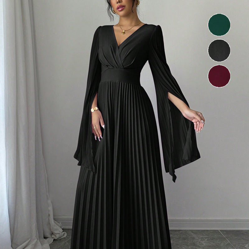 Robe longue plissée manche longue noire femme – vue de face – Velya Genève
