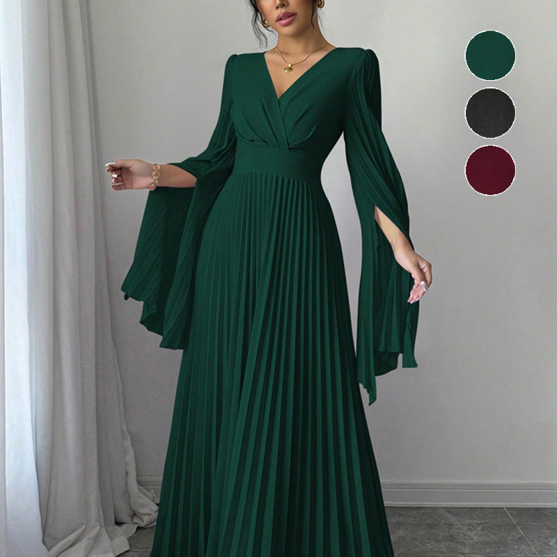 Robe longue plissée manche longue vert émeraude femme – tenue élégante – Velya Genève

